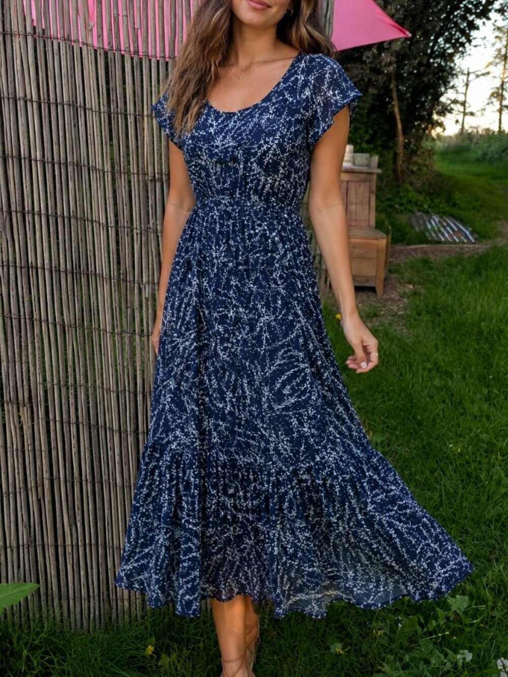 Navy blue and white floral pattern dress small